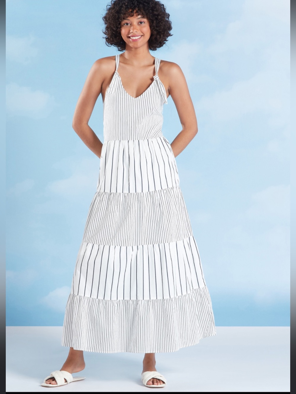 Forcyntia Beachwear Striped White and Blue Tiered Maxi Dress, L 🦋